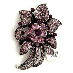 Express Crystal Floral Rhinestone Brooch PurplePink Silvertone Statement Pin NWT